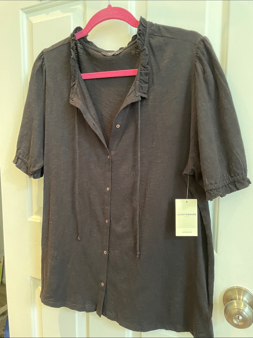Lucky Brand Black Ruffle Collar Short Sleeve Button-Up Top NWT Size L